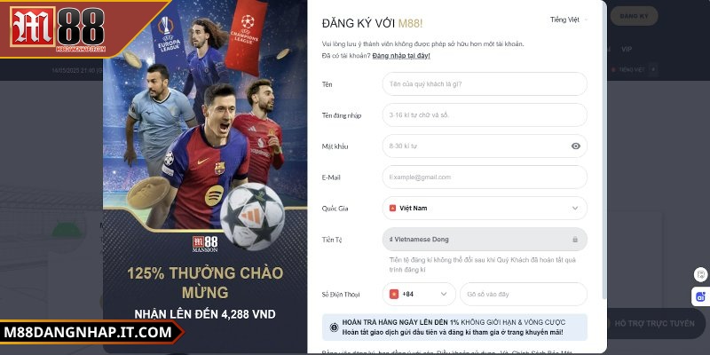 Đăng ký M88: Hướng dẫn tạo tài khoản & nhận ưu đãi lớn Nhấn vào nút đăng ký màu vàng và điền thông tin theo yêu cầu